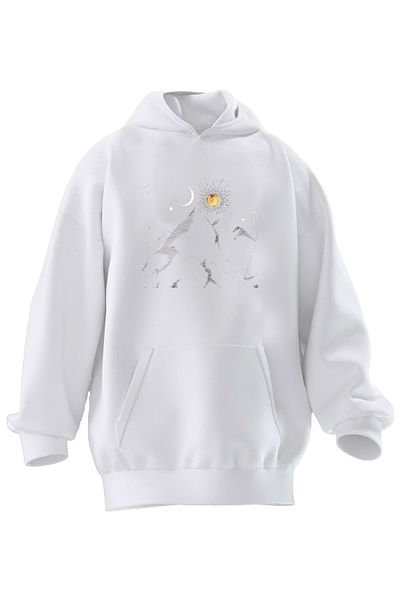 NMG TEKSTİL Λευκό φούτερ με βαμβακερή κουκούλα - Mountain Sun Crescent Printed, 3 νήματα Unisex