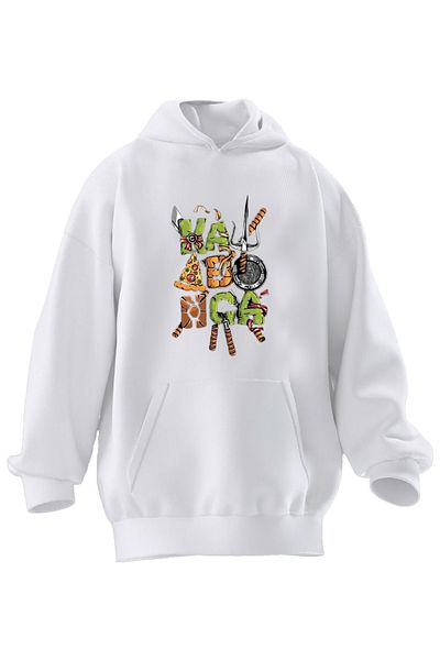 NMG TEKSTİL Φούτερ με κουκούλα Unisex Premium βαμβακερό λευκό χελώνα με στάμπα με 3 νήματα