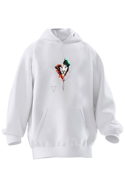 NMG TEKSTİL Φούτερ με κουκούλα Unisex Premium από βαμβακερό λευκό μπαλόνι Lion με στάμπα με 3 νήματα