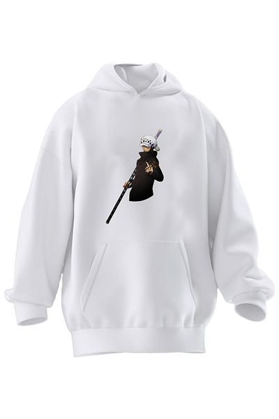 NMG TEKSTİL Hanorac cu glugă unisex din bumbac premium alb cu imprimeu Samurai cu 3 fire
