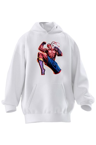 NMG TEKSTİL Λευκό Unisex Premium φούτερ με βαμβακερή κουκούλα - 3 νήματα με εμπριμέ δεμένα μάτια