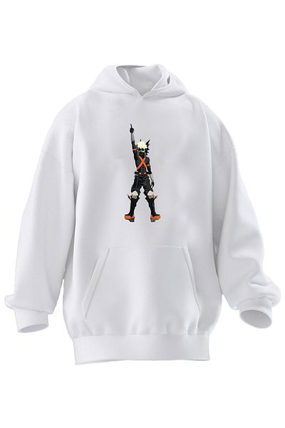NMG TEKSTİL Λευκό Anime με στάμπα Unisex φούτερ με κουκούλα - 3 νήματα Premium βαμβακερό