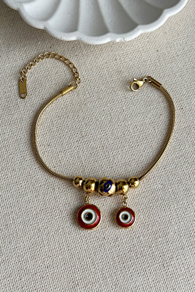 MODA سوار نسائي من الفولاذ مقاس 17+5 سم باللون الأحمر مع عين الشر من الفولاذ ...