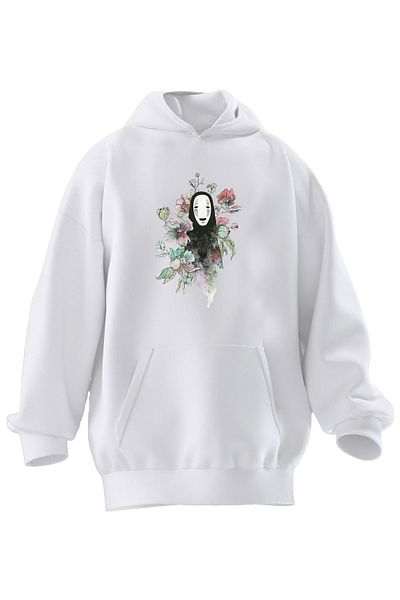 NMG TEKSTİL Hanorac cu glugă unisex din bumbac premium alb cu flori strigătoare imprimate cu 3 fire