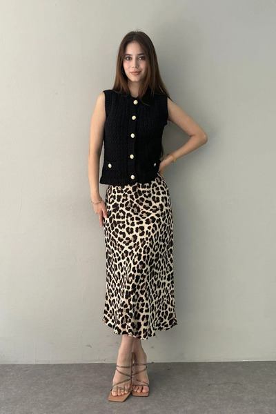 Cistern İstanbul Γυναικεία μακριά σατέν φούστα με λεοπάρ σχέδιο