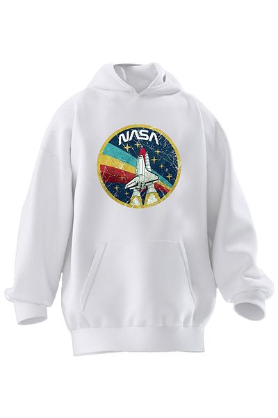 NMG TEKSTİL Φούτερ Unisex Premium Cotton White Nasa Vehicle με κουκούλα με 3 νήματα
