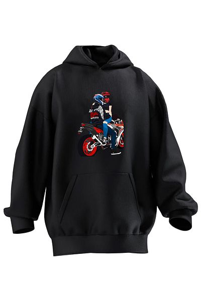 NMG TEKSTİL Hanorac cu glugă unisex din bumbac premium negru cu motor cu imprimeu dublu cu 3 fire