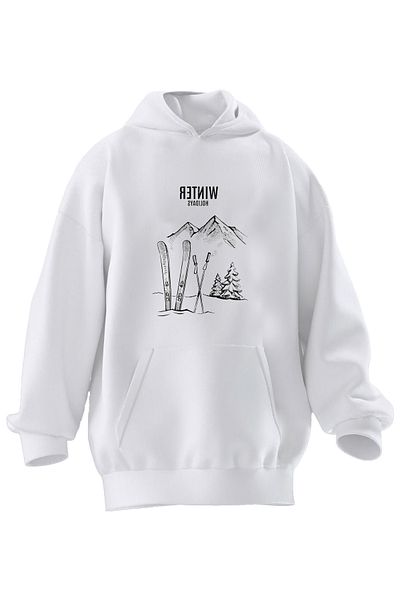 NMG TEKSTİL Φούτερ Unisex Premium Βαμβακερό Λευκό Χειμερινό εμπριμέ με κουκούλα 3 νημάτων
