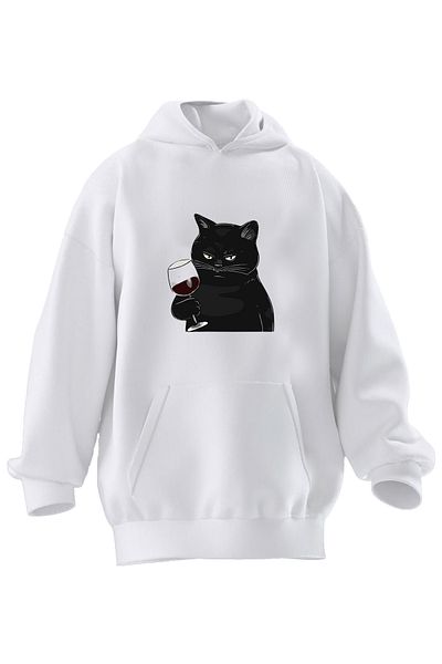 NMG TEKSTİL Φούτερ με κουκούλα Unisex Premium βαμβακερό λευκό μαύρο γάτα με στάμπα με 3 νήματα