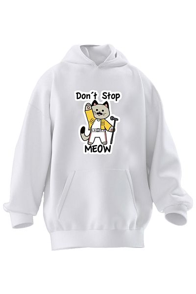 NMG TEKSTİL Φούτερ με κουκούλα Unisex Premium Cotton White Dont Stop Meaw με στάμπα 3 νημάτων