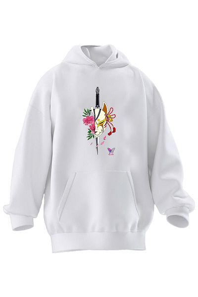NMG TEKSTİL Φούτερ Unisex Premium βαμβακερό λευκό μισό πρόσωπο γάτα με κουκούλα με 3 νήματα