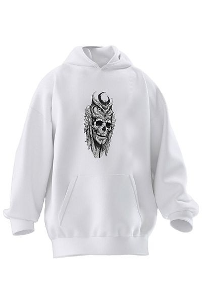 NMG TEKSTİL Φούτερ με κουκούλα Unisex Premium από βαμβακερό λευκό κρανίο με στάμπα με 3 νήματα