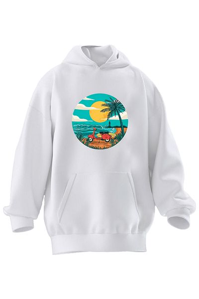 NMG TEKSTİL Φούτερ με κουκούλα Unisex Premium Cotton White Sea Beach Motor με στάμπα 3 νημάτων