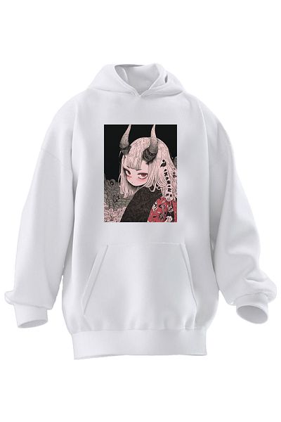 NMG TEKSTİL Φούτερ με κουκούλα Unisex Premium βαμβακερό λευκό μονόκερος Anime Girl με στάμπα 3 νημάτων