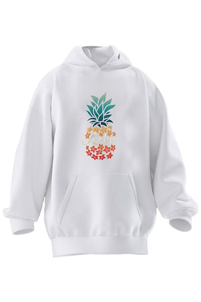 NMG TEKSTİL Hanorac cu glugă unisex din bumbac premium alb Aloha ananas imprimat cu 3 fire