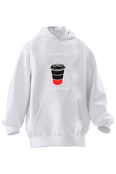 NMG TEKSTİL Φούτερ με κουκούλα Unisex Premium Βαμβακερό Λευκό Χαμηλή Μπαταρία Coffeee με στάμπα 3 νημάτων