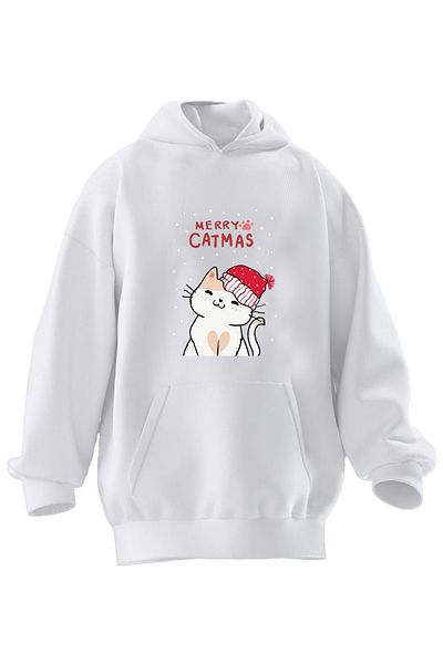 NMG TEKSTİL Φούτερ με κουκούλα Unisex Premium Βαμβακερό Λευκό Meryy Catmas με στάμπα 3 νημάτων