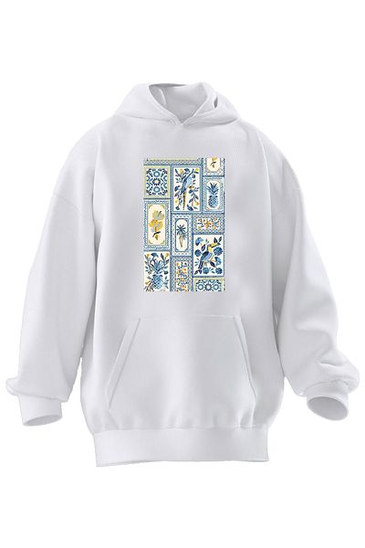 NMG TEKSTİL Φούτερ με κουκούλα Unisex Premium βαμβακερό λευκό πλακάκι με στάμπα με 3 νήματα