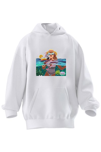 NMG TEKSTİL White Holiday Girl Printed 3 Thread Hooded Unisex Sweatshirt