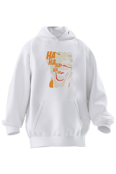 NMG TEKSTİL Φούτερ με κουκούλα Unisex Premium Βαμβακερό Λευκό Τζόκερ Laugh Ha Ha με στάμπα με 3 νήματα