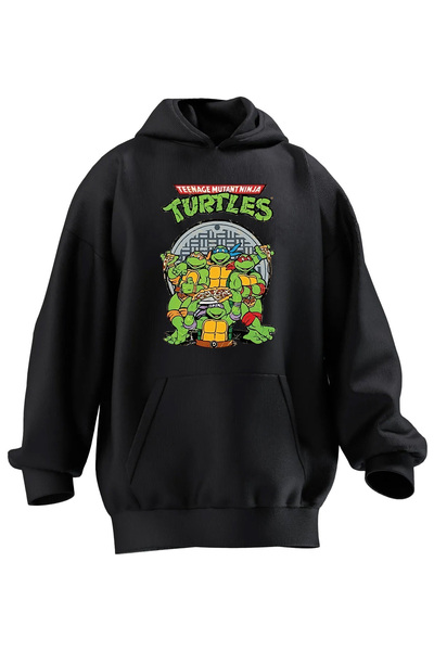 NMG TEKSTİL سويت شيرت بقلنسوة من القطن الفاخر للجنسين باللون الأسود مطبوع عليه سلاحف النينجا و3 خيوط