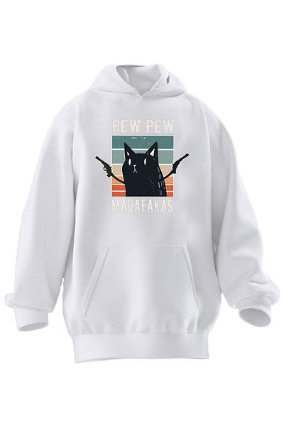 NMG TEKSTİL Hanorac cu glugă unisex din bumbac premium alb Pew Pew Cat imprimat cu 3 fire