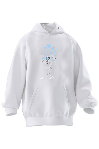 NMG TEKSTİL Φούτερ με κουκούλα Unisex Premium Βαμβακερό Λευκό Μπλε Καρδιά με στάμπα με 3 νήματα