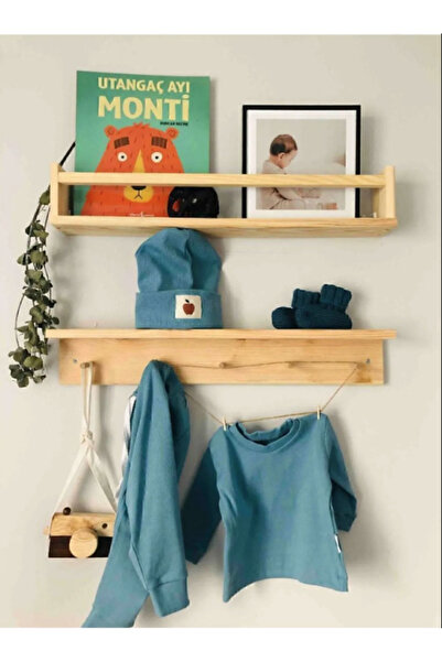 Ahşap Raf Askılık Ve Kitaplık Rafı-Eğitici Montessori Raf 2'li 50 Cm