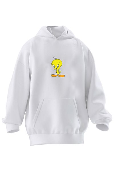 NMG TEKSTİL Φούτερ Unisex Premium Βαμβακερό Λευκό Twetty Κίτρινο με κουκούλα με 3 νήματα