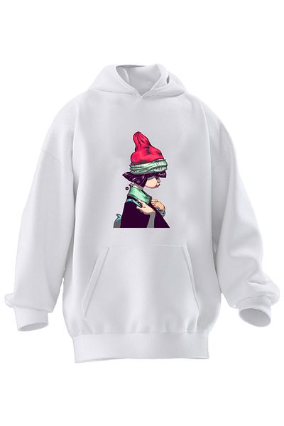 NMG TEKSTİL Φούτερ με κουκούλα Unisex Premium Βαμβακερό Λευκό Κοκκινοσκουφίτσα με στάμπα 3 νημάτων
