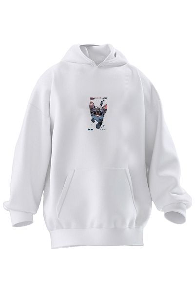NMG TEKSTİL Φούτερ με κουκούλα Unisex Premium Βαμβακερό Λευκό Floating Kitten με στάμπα με 3 νήματα
