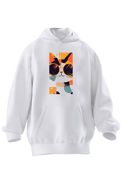 NMG TEKSTİL Φούτερ με κουκούλα Unisex Premium Βαμβακερό Λευκό Χρώμα Γάτα με στάμπα 3 νημάτων