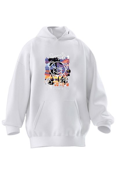 NMG TEKSTİL Φούτερ με κουκούλα Unisex Premium βαμβακερό λευκό αρκουδάκι με σταυρωτά μάτια με στάμπα με 3 νήματα