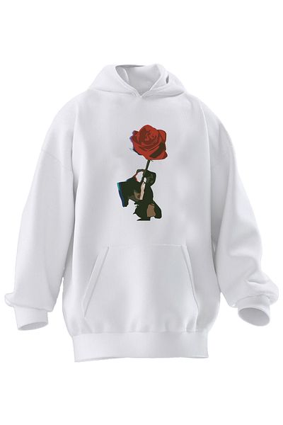 NMG TEKSTİL Φούτερ με κουκούλα Unisex Premium Βαμβακερό Λευκό Κόκκινο Τριαντάφυλλο με στάμπα με 3 νήματα