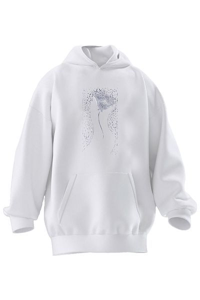 NMG TEKSTİL Hanorac cu glugă unisex din bumbac premium alb cu model Stingray imprimat cu 3 fire