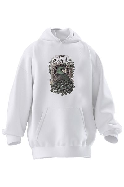 NMG TEKSTİL Φούτερ με κουκούλα Unisex Premium Βαμβακερό Λευκό Opeth Peacock Grey με στάμπα 3 νημάτων