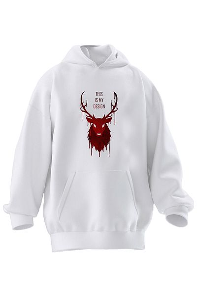 NMG TEKSTİL Λευκό φούτερ Unisex με κουκούλα - Deer printed, 3 νήματα Premium βαμβάκι