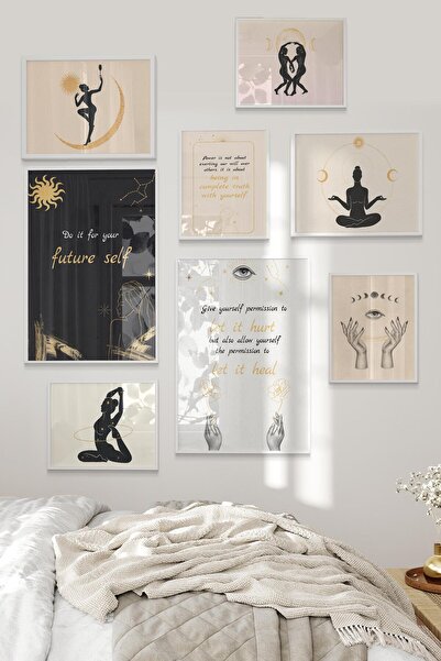 Postifull Beyaz Tablo Seti, 8 Adet Çerçeve Seti,Siyah ve Bej Yoga Temalı Galeri Poster Seti NO:012
