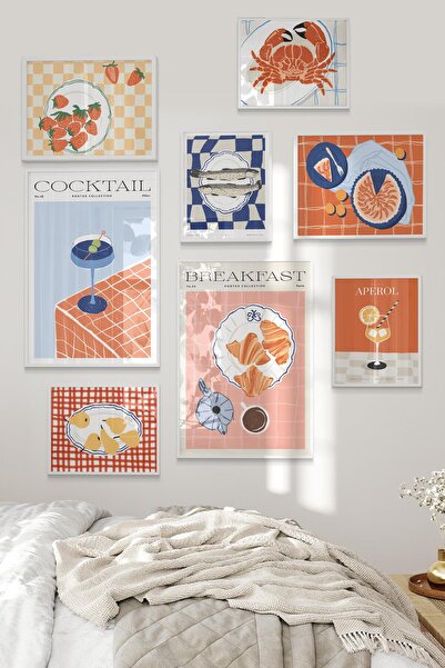 Postifull Beyaz Tablo Seti, 8 Adet Çerçeve Seti,İllustrasyon Mutfak Temalı Galeri Poster Seti NO:045