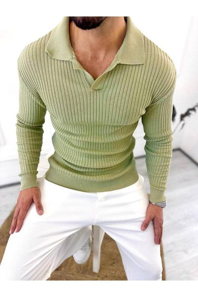 elkumoda Пуловер Slim Fit Поло яка Оребрена мека текстурирана блуза без топчета