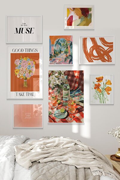 Postifull Beyaz Tablo Seti, 8 Adet Çerçeve Seti,Turuncu Vintage Temalı Galeri Poster Seti NO:050