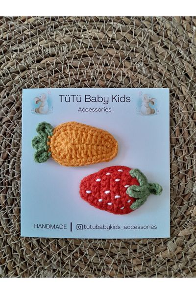 Accessories مشبك شعر أطفال بدون شعر محبوك يدويًا على شكل فراولة وجزر، مشبك شعر للفتيات الصغيرات