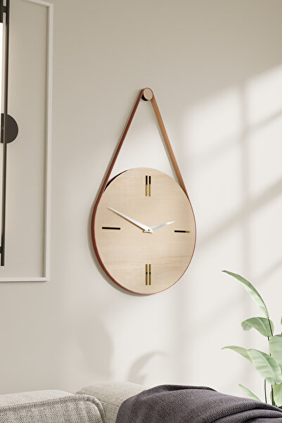 acargrafik Dekoratif Deri Askılı Ahşap Duvar Saati