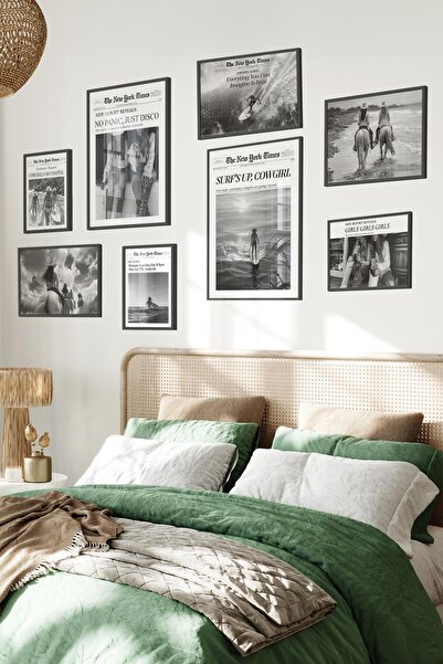 Postifull Siyah Tablo Seti, 8 Adet Çerçeve Seti,Siyah Beyaz Sahil Temalı Galeri Poster Seti NO:014