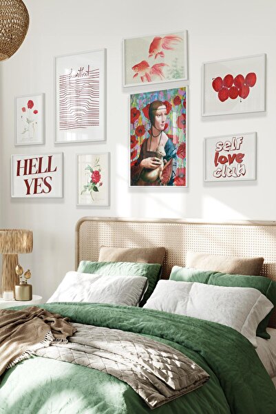 Postifull Beyaz Tablo Seti, 8 Adet Çerçeve Seti,Kırmızı Maximalist Vintage Te...