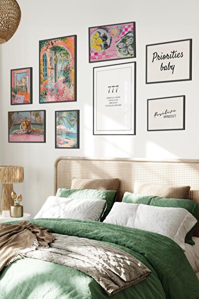 Postifull Siyah Tablo Seti, 8 Adet Çerçeve Seti,Rengarenk Maximalist Temalı Galeri Poster Seti NO:041