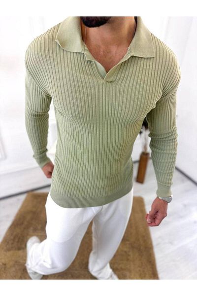 elkumoda Пуловер Slim Fit Поло яка Оребрена мека текстурирана блуза без топчета