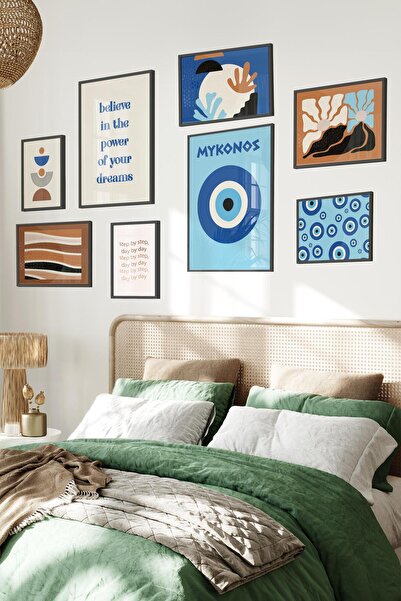 Postifull Siyah Tablo Seti, 8 Adet Çerçeve Seti,Kahverengi ve Mavi Mykonos Te...