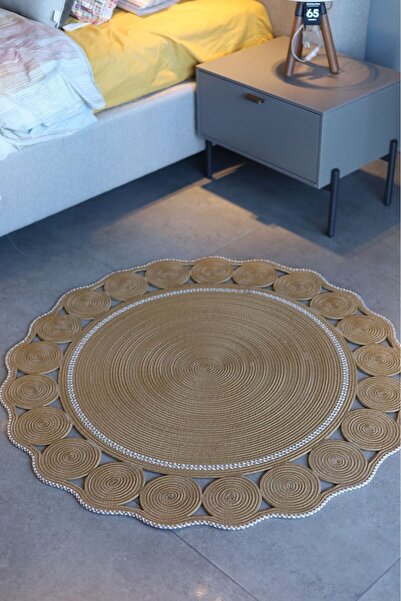 Genel Markalar Jüt Hasır Görünümlü Desenli Modern El Örgüsü Daire Halı Kilim