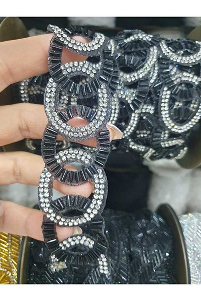 ESRA ŞELEM Black Jewelled Beaded Circular Strip - Iron-On Accessory, for Clothing and Hobby